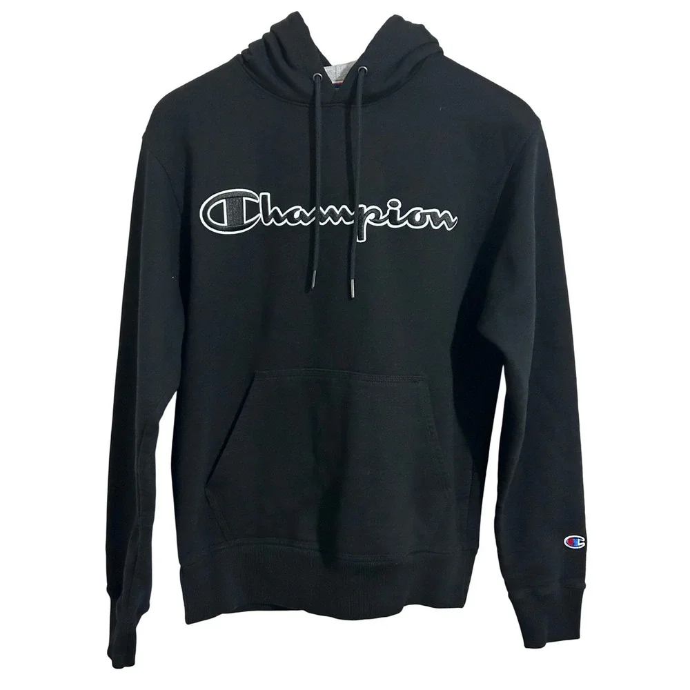 Champion Heavy Black Hoodie Sweatshirt Men's Size Small Gray‎ Lined Hood